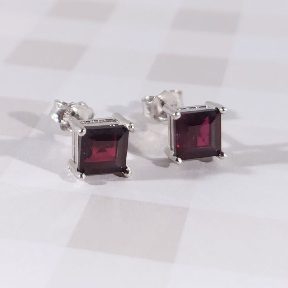 Garnet 6mm Square Post Earrings Sterling Silver - Picture 2 of 4